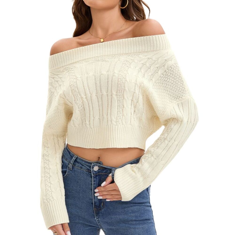 Womens Fall Knit Off Shoulder Batwing Sleeve Cropped Sweater Top Apricot